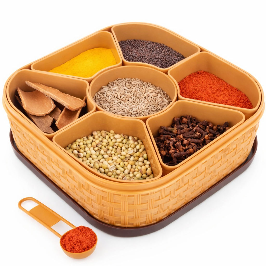 Grosyhub Square Masala Box – 7-Compartment Spice Organizer