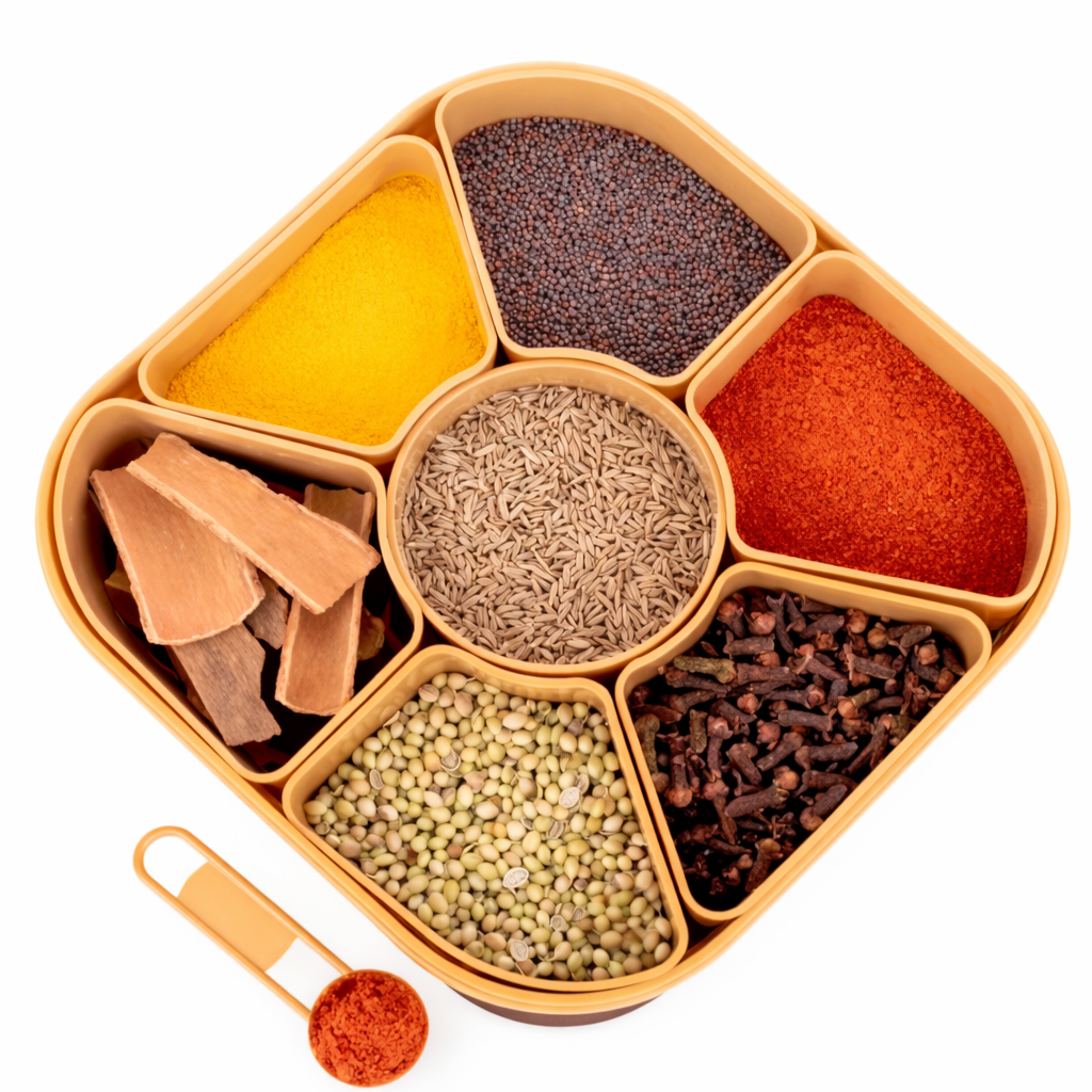 Grosyhub Square Masala Box – 7-Compartment Spice Organizer