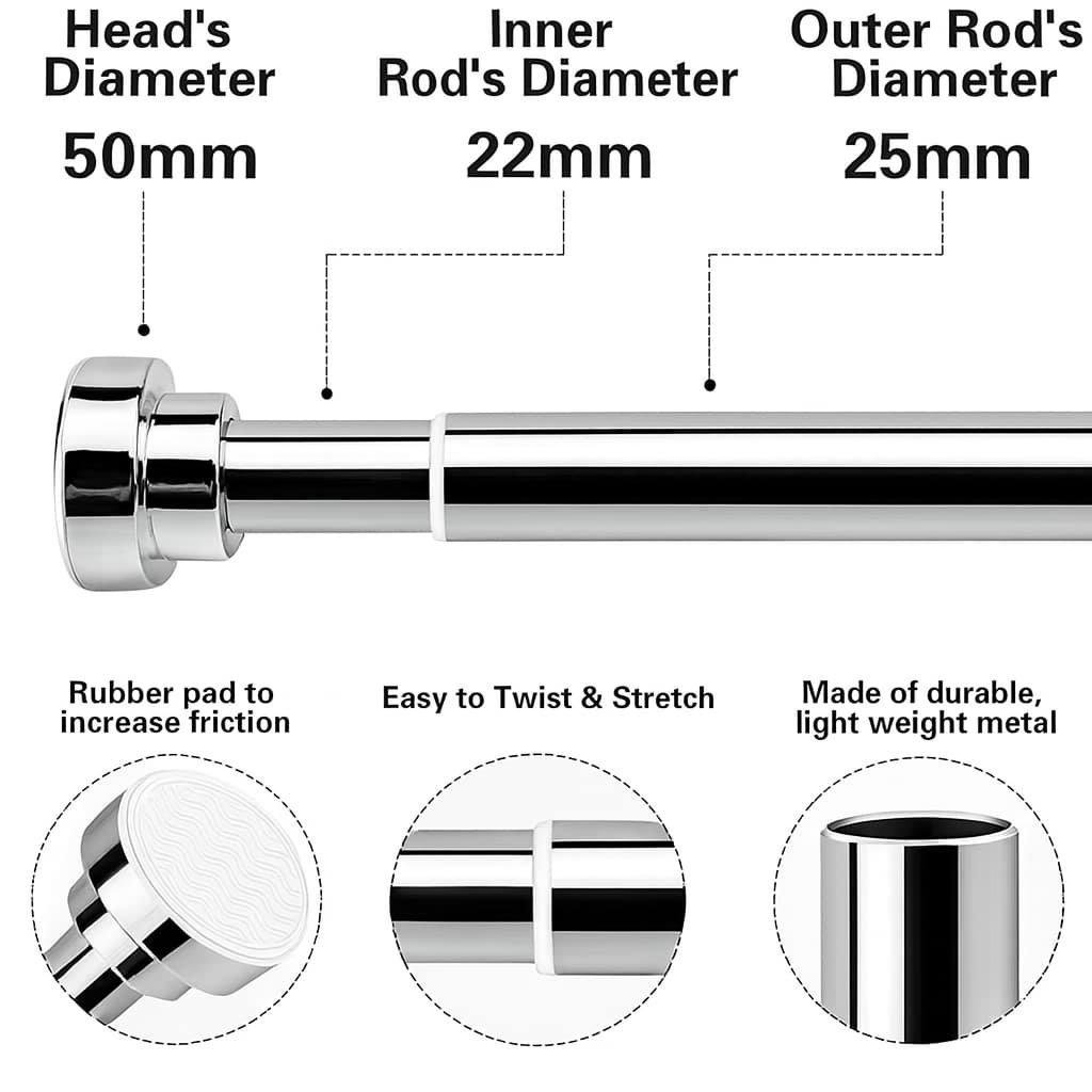 Grosyhub Adjustable Shower Curtain Tension Rod 85CM| Non-Drilling| Anti-Skid|Multi-Purpose| Spring Pull Rod - (Stainless Steel)