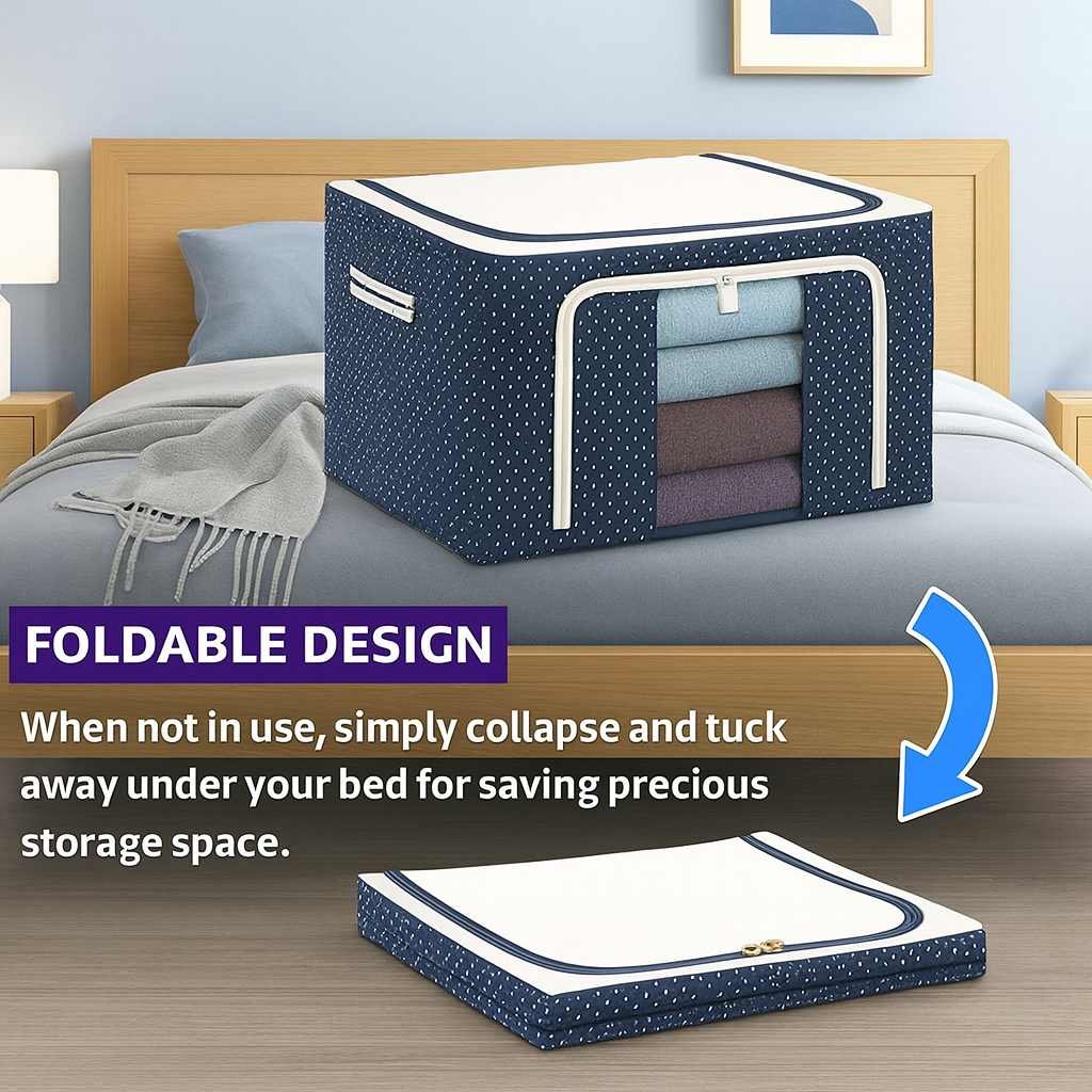 Grosyhub Double-Sided Zipper Living Box - Fabric Storage Boxes for Clothes, Saree Cover Bags - 24 Litre, Pack of 1, Polka Dot