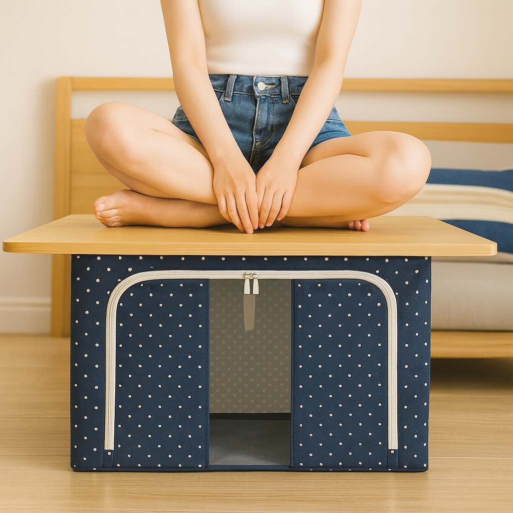 Grosyhub Double-Sided Zipper Living Box - Fabric Storage Boxes for Clothes, Saree Cover Bags - 24 Litre, Pack of 1, Polka Dot