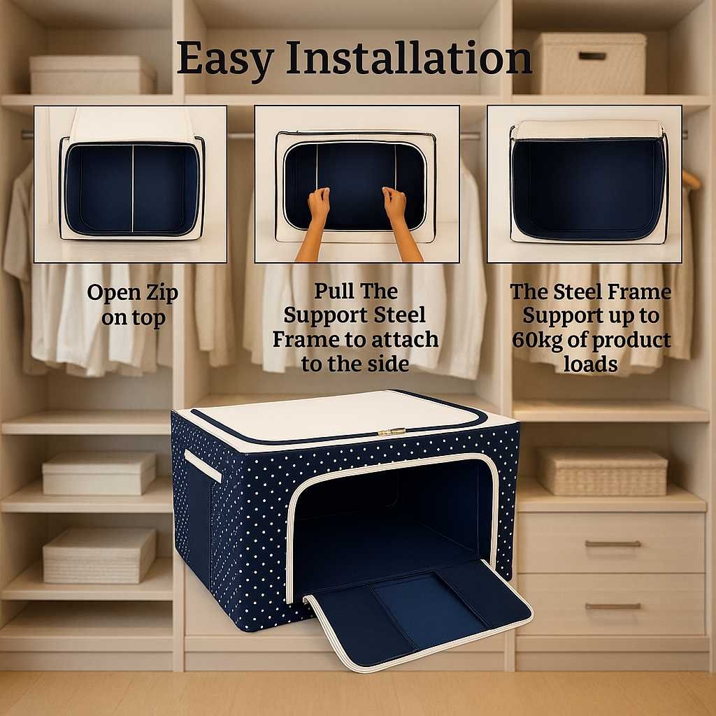 Grosyhub Double-Sided Zipper Living Box - Fabric Storage Boxes for Clothes, Saree Cover Bags - 44 Litre, Pack of 1, Polka Dot
