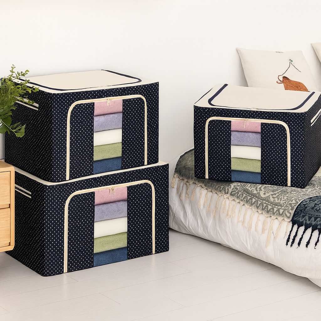Grosyhub Double-Sided Zipper Living Box - Fabric Storage Boxes For Clothes, Saree Cover Bags - 66 Litre, Pack Of 1, Polka Dot
