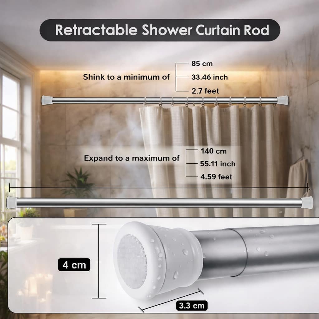 Grosyhub Premium Stainless Steel 85CM Adjustable No-Drill Tension Rod with White Non-Slip Rubber End Caps