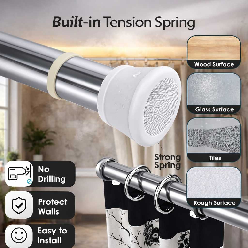 Grosyhub Premium Stainless Steel 125CM Adjustable No-Drill Tension Rod with White Non-Slip Rubber End Caps
