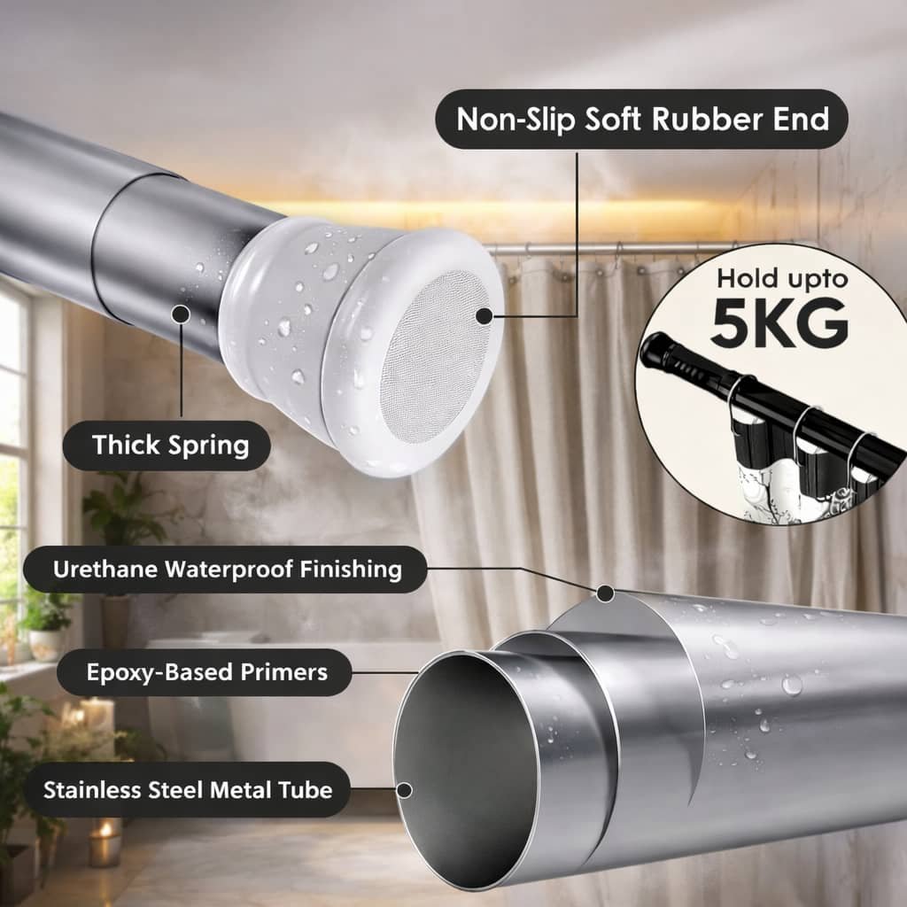 Grosyhub Premium Stainless Steel 125CM Adjustable No-Drill Tension Rod with White Non-Slip Rubber End Caps