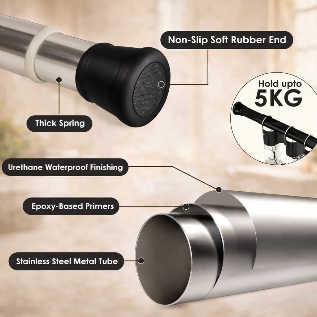 Grosyhub Premium Stainless Steel 85CM Adjustable No-Drill Tension Rod with Black Non-Slip Rubber End Caps