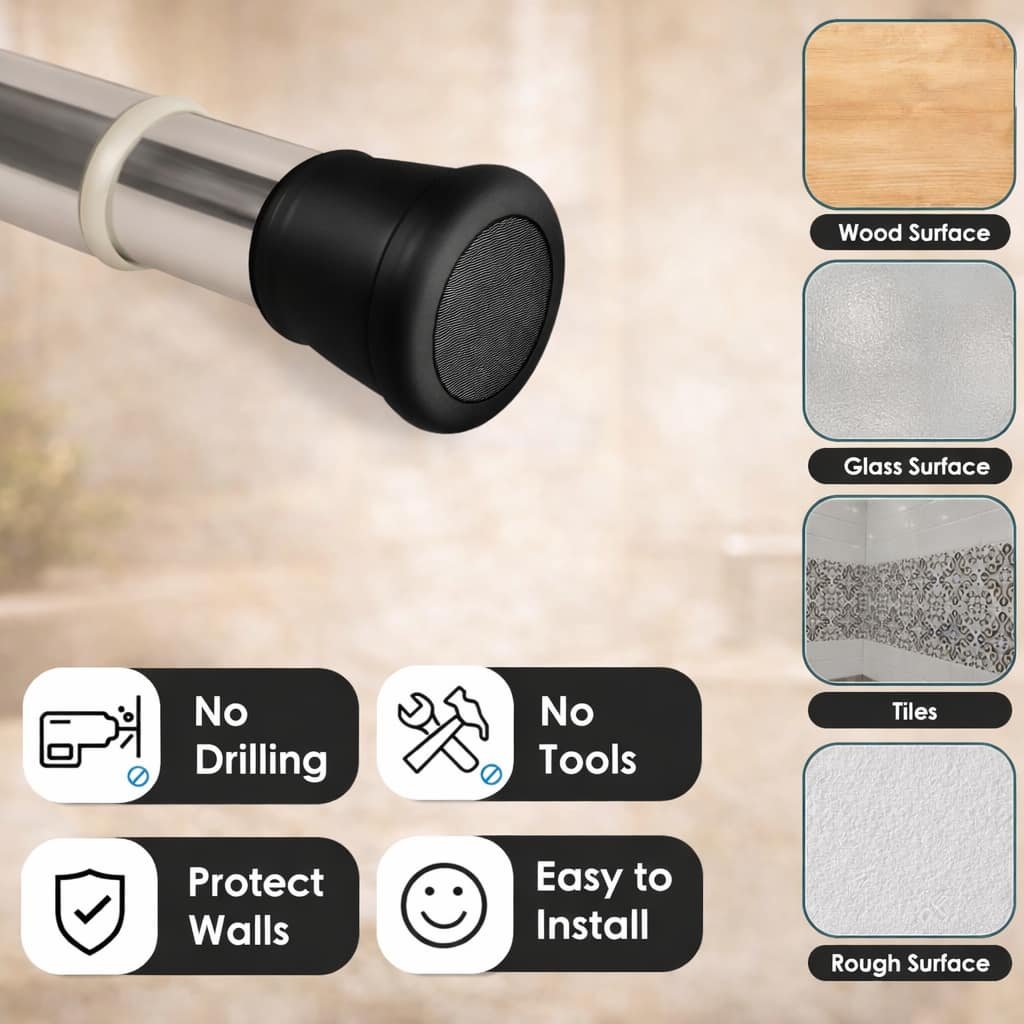 Grosyhub Premium Stainless Steel 105CM Adjustable No-Drill Tension Rod with Black Non-Slip Rubber End Caps