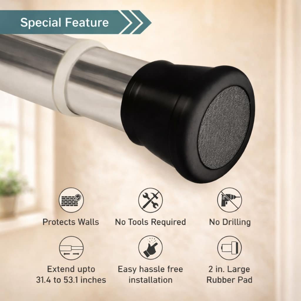 Grosyhub Premium Stainless Steel 105CM Adjustable No-Drill Tension Rod with Black Non-Slip Rubber End Caps