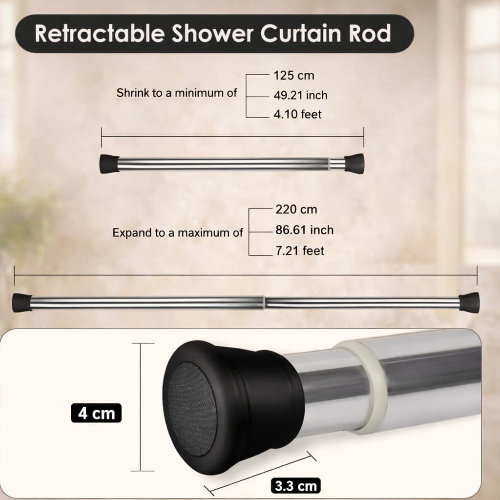 Grosyhub Premium Stainless Steel 125CM Adjustable No-Drill Tension Rod with Black Non-Slip Rubber End Caps